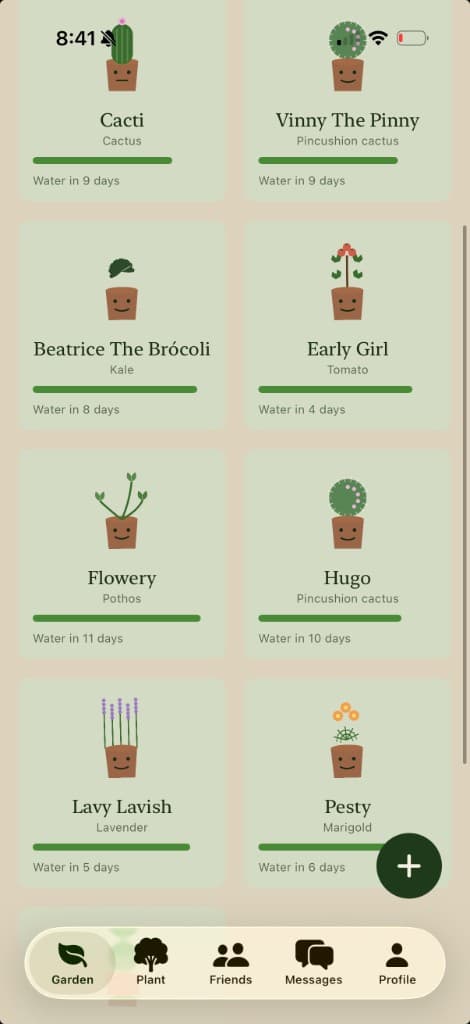 Plant care iOS app — garden overview