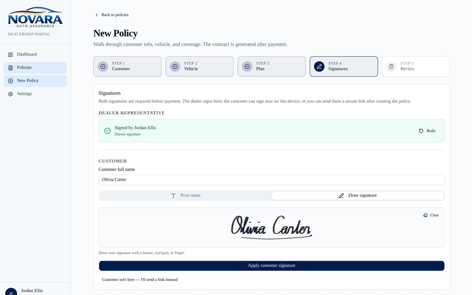 Novara Assurance: Signed on screen