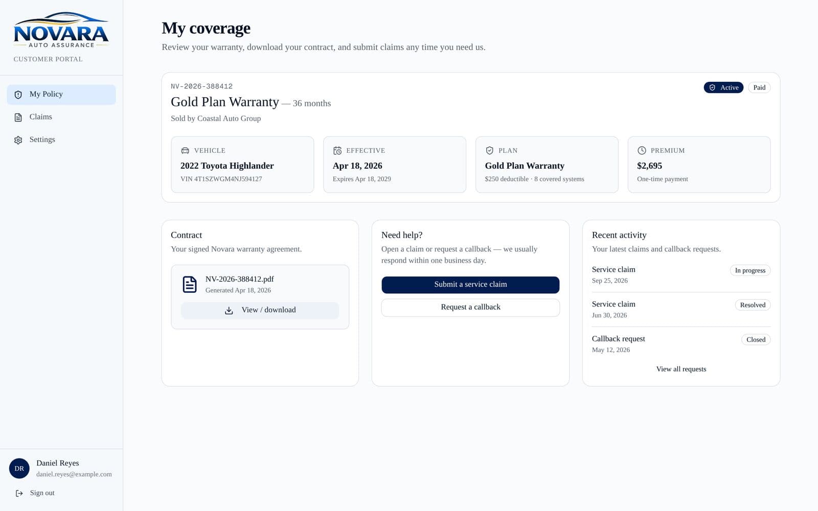 Novara Assurance: The customer portal