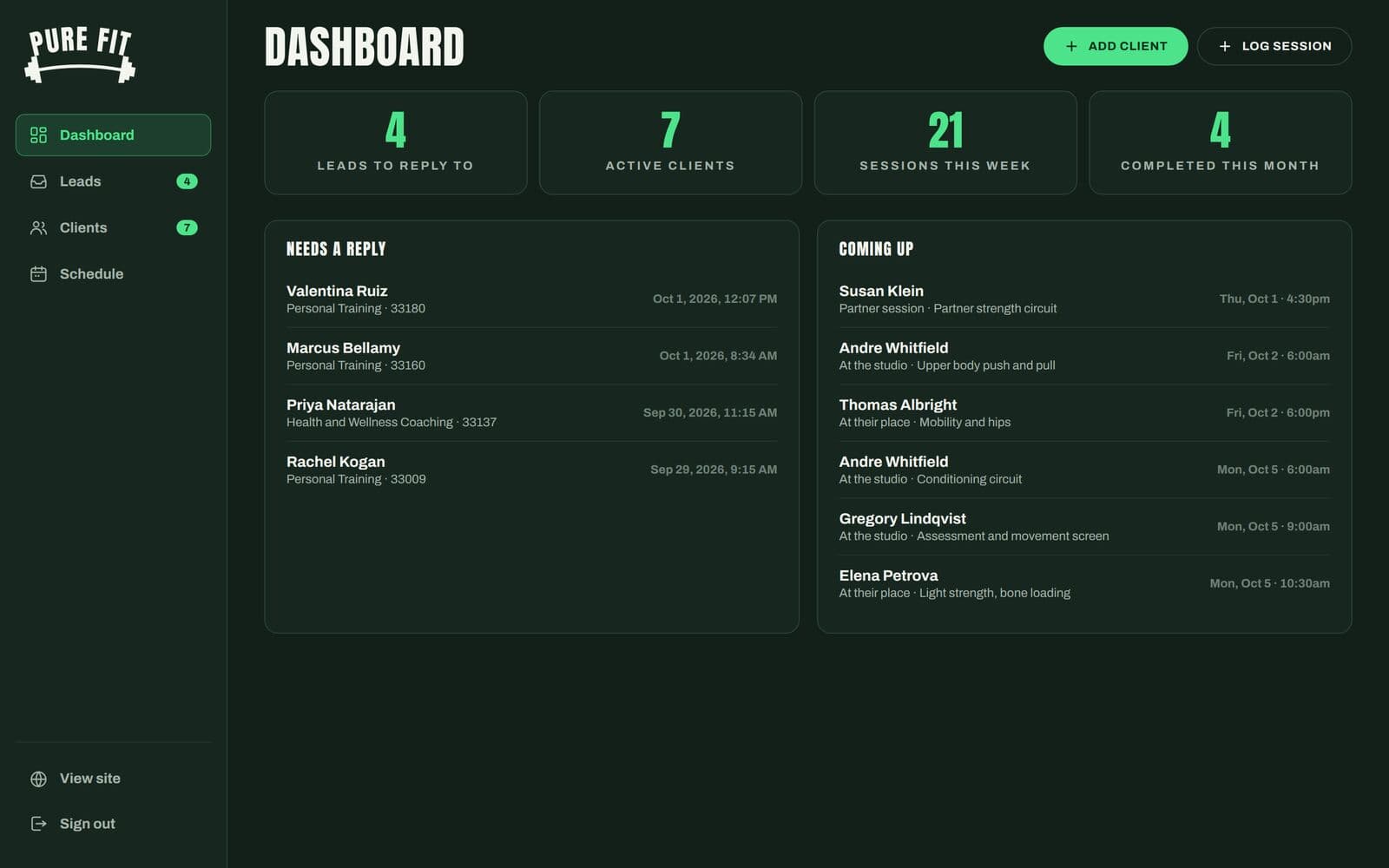 Pure Fit Miami: CRM dashboard