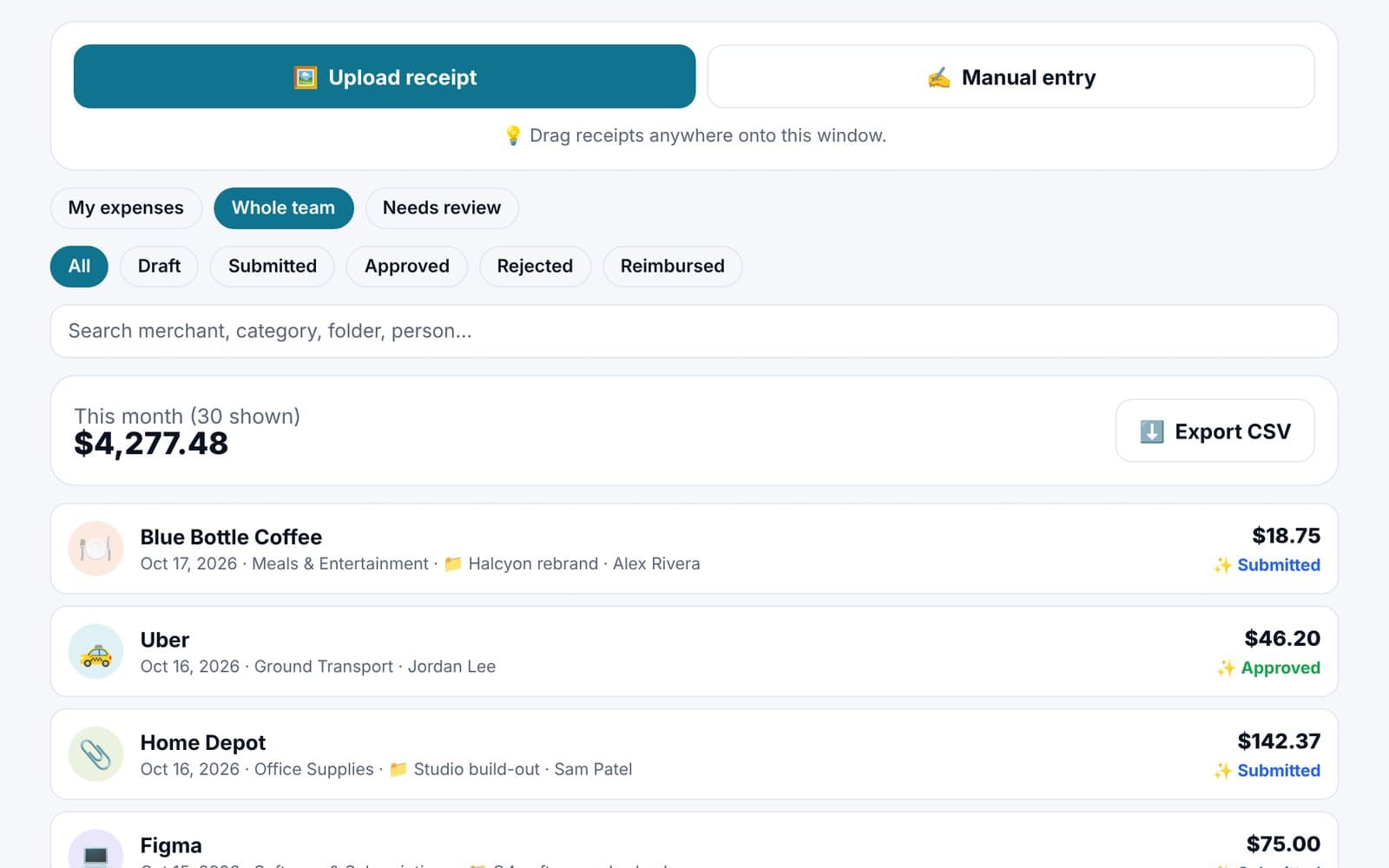 Null Nine Expenses: a team's expense list with AI filled receipts, categories and approvals