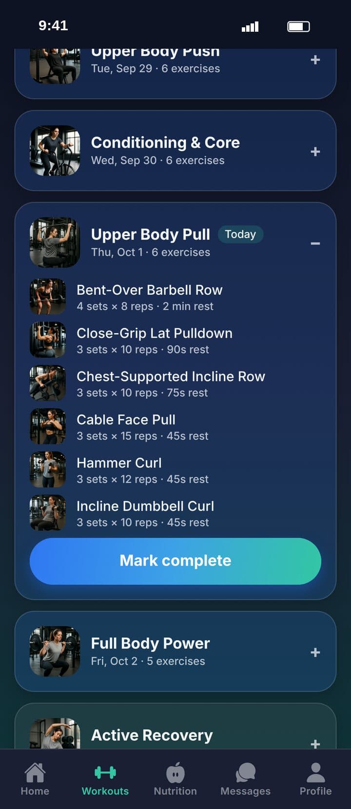 FuelMe app: today's workout