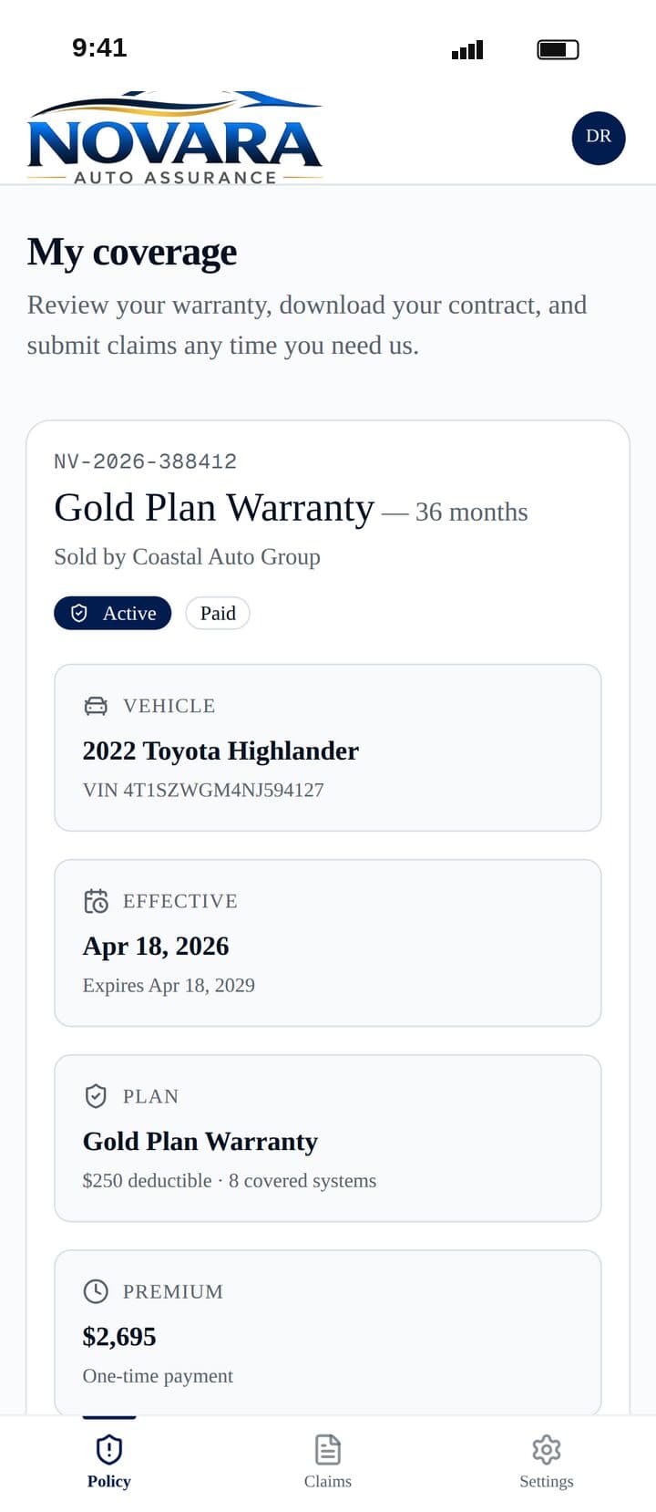 Novara Assurance customer portal on a phone