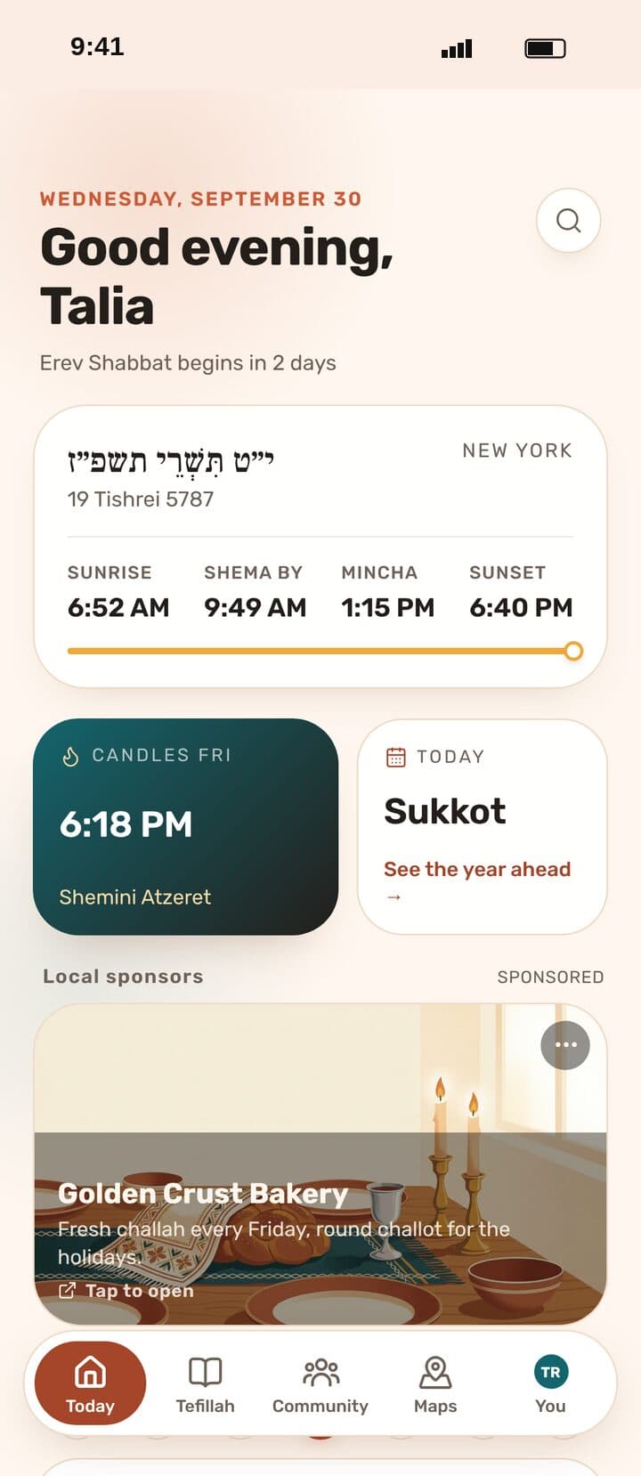 Shmooze app: today's times and events